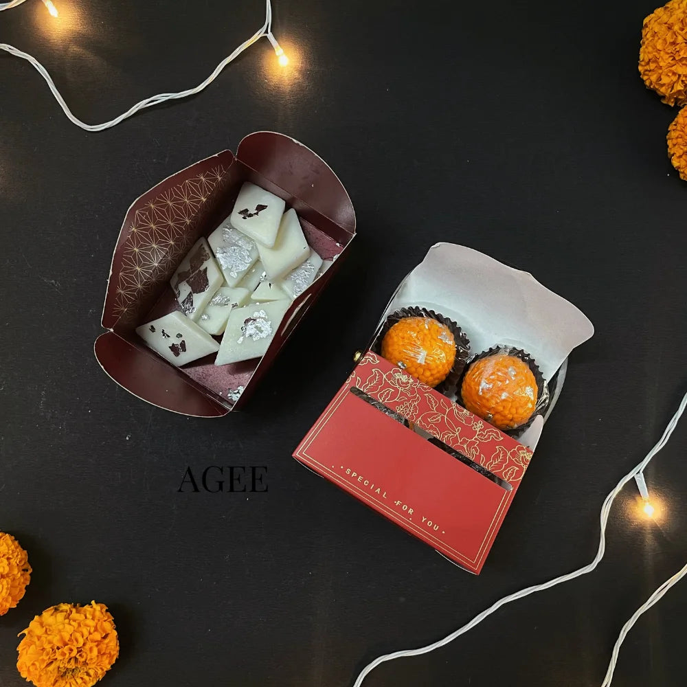 Diwali Delights Combo: Kaju Katli Vanilla Scented Wax Melts &  Scented Orange Laddu Candles