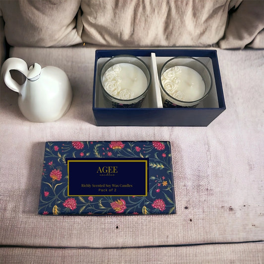 Blue Floral Gift Set - Scented Candles (Set of 2)- Happiness and Prosperity